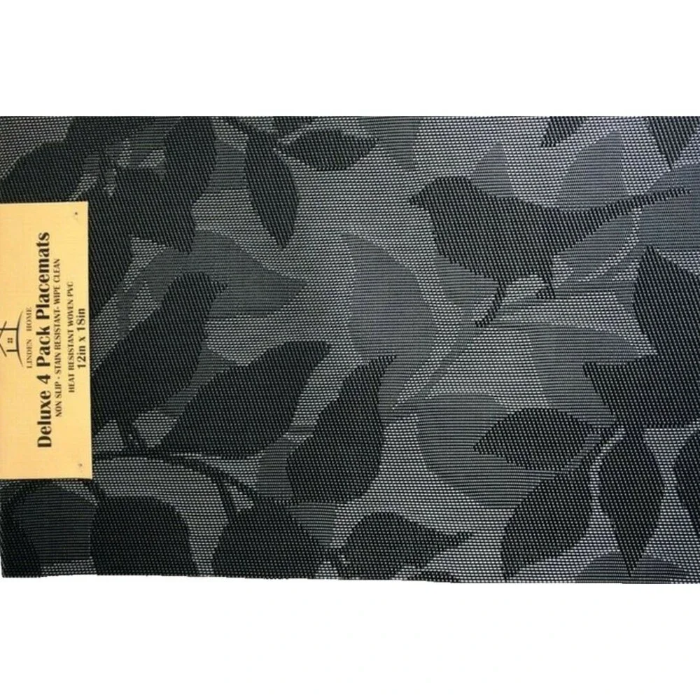 Birds Black Woven Placemats Set of 4 PVC Embossed Easy Wipe Clean Vinyl 12x18